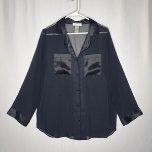 Dentelle Black Sheer Button Up Shirt With Satin Trim Pockets Collar Cuffs Size S